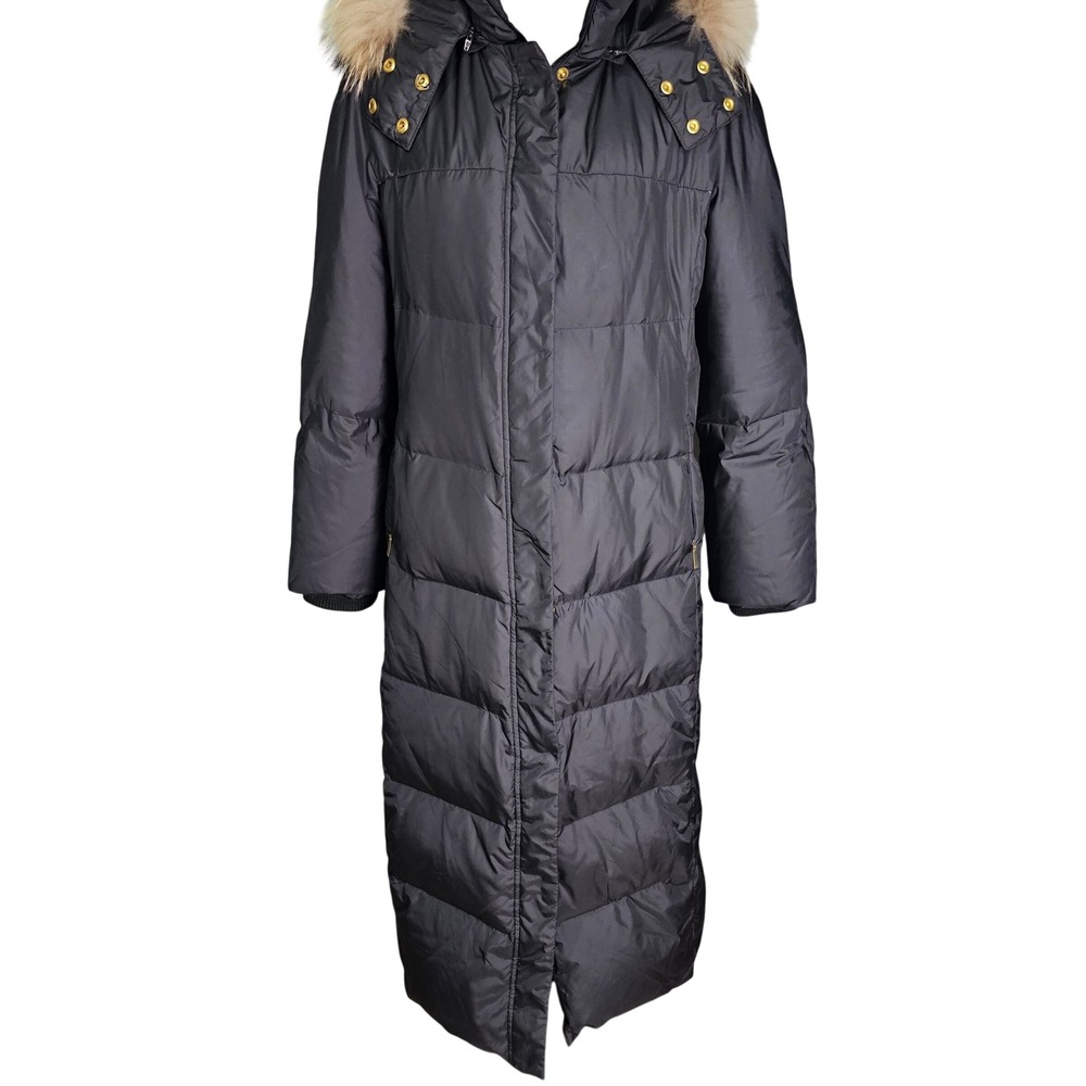Ellen Tracy Long Puffer Coat Black Racoon Fur Hood Down Fill Women's Size S/M - Picture 2 of 15